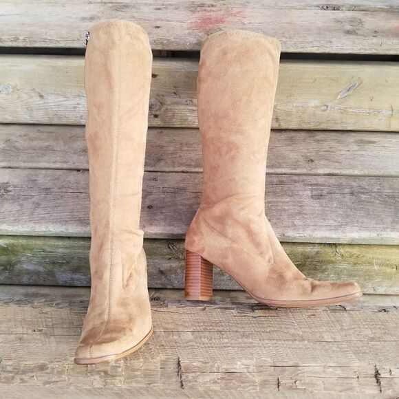 Vintage 90s y2k Candies Bratz Camel Tan Faux Suede Chunky Heel Sock Tall Boots 7 - Picture 2 of 12